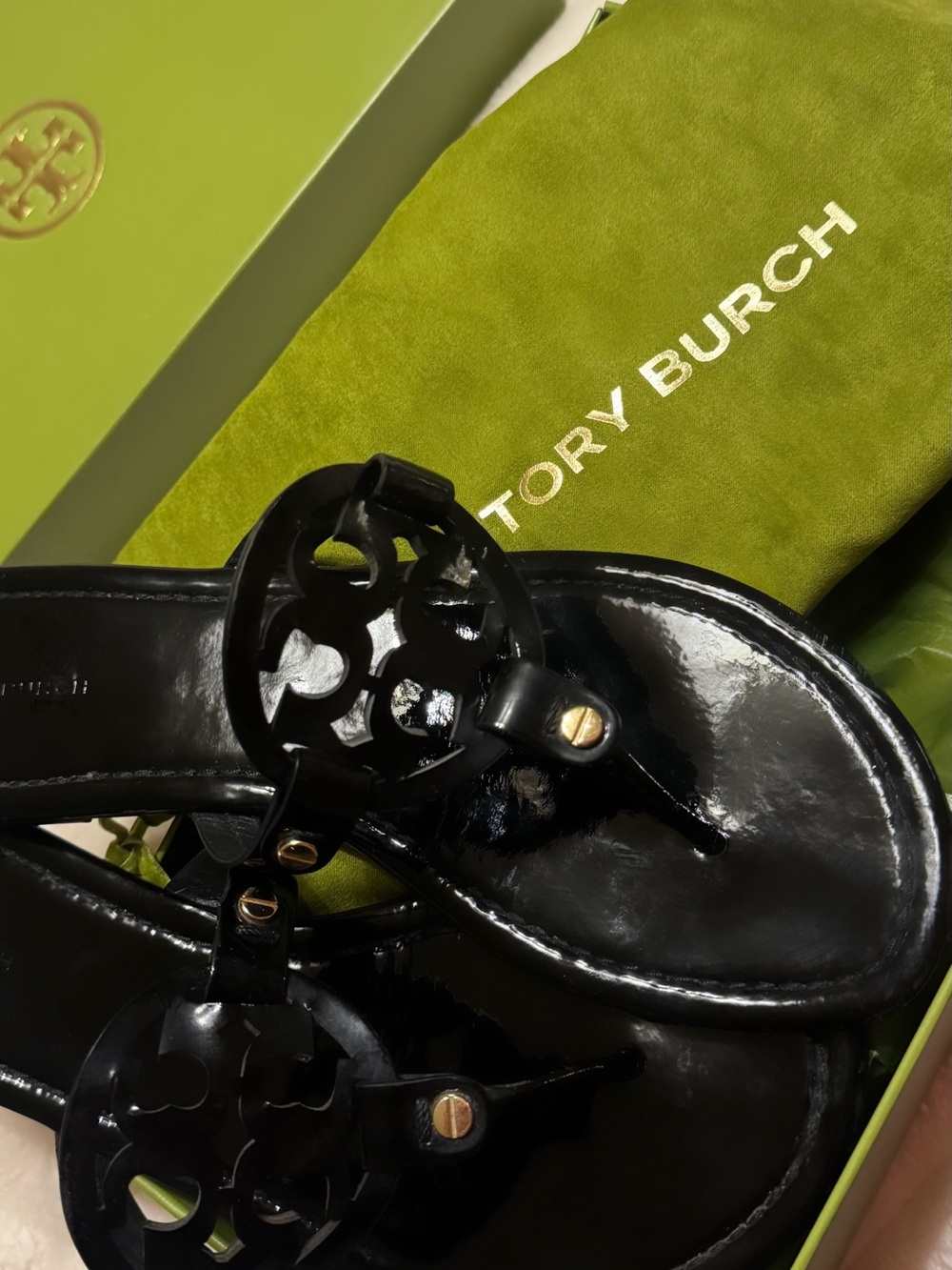 Tory Burch Black Patent Logo Thong Sandals